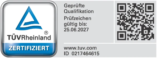 Pr&uuml;fzeichen TÜV Rheinland, gepr&uuml;fte Qualifikation, Pr&uuml;fnummer 0217464615
