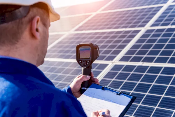 Eine Person mit Schutzhelm benutzt ein Handgerät, um Solarmodule für ein PV-Gutachten zu prüfen. Sie hält ein Klemmbrett in der Hand und steht vor mehreren Reihen von Solarmodulen im Freien.